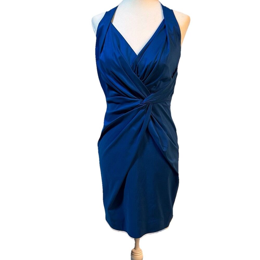 David Meister Sleeveless Halter Stretch Bodycon Twist Sheen Blue Cocktail Size 2